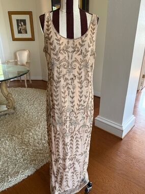 Pisarro Nights Beaded Mesh Column Gown Nude Size 12 Formal Wedding Cocktail